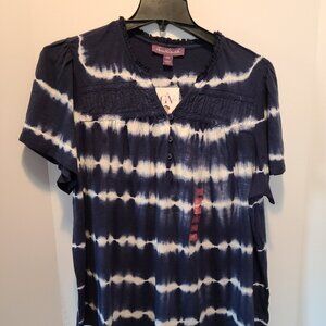 GLORIA VANDERBILT TIE DYE HENLEY DRESS BLUE 100% COTTON, SOFT SMOCKED XXL LARGE